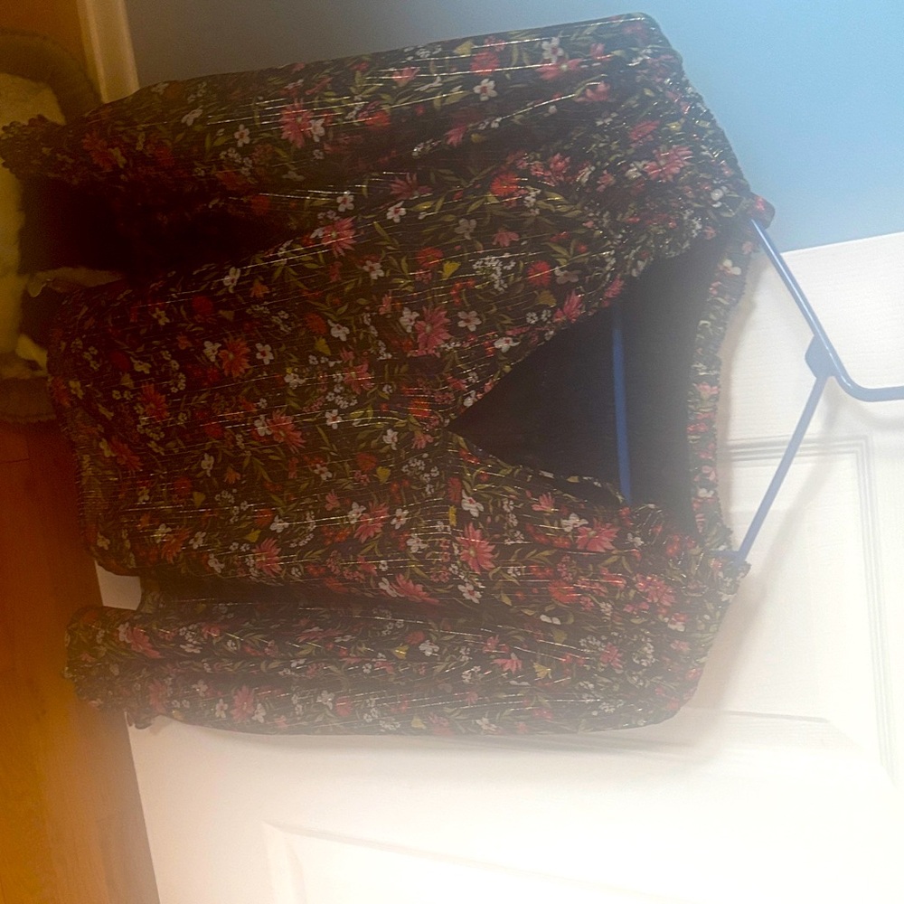 Black Floral Boho Blouse with Pink & Green Print